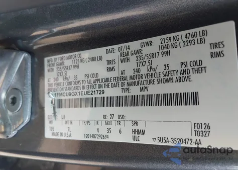 2014 Ford Escape Se из США, поврежденный, VIN 1FMCU9GX1EUE21729